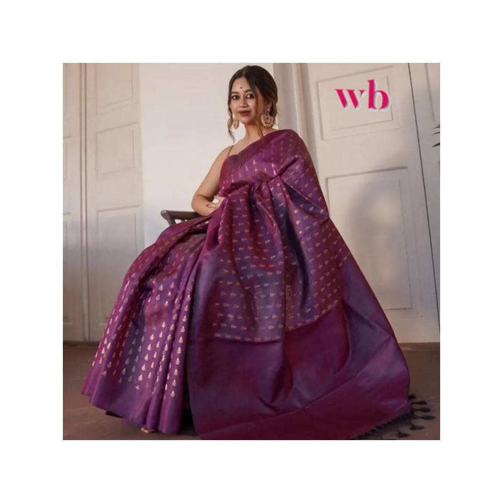 Isadora Life Womens Woven Tassels Purple Pre-Draped Saree with Unstitched Blouse