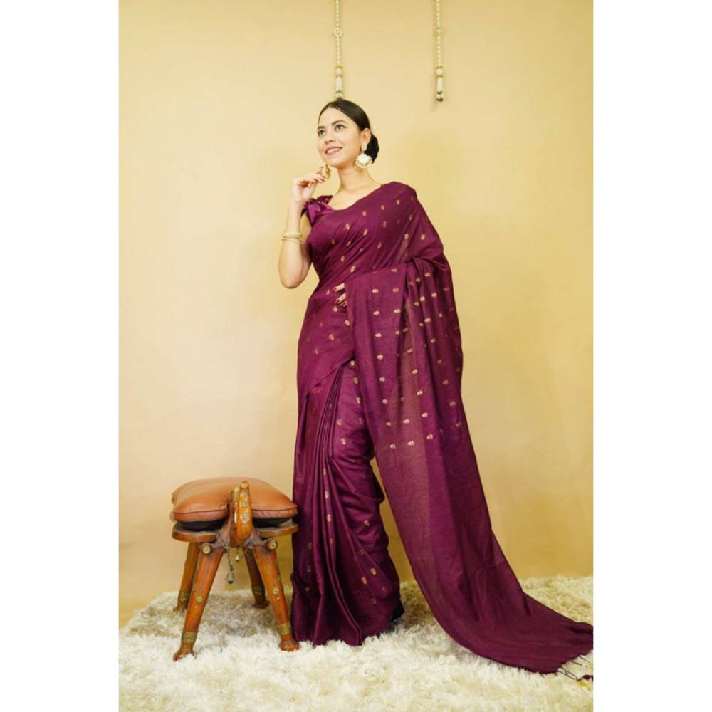 Isadora Life Womens Woven Tassels Purple Pre-Draped Saree with Unstitched Blouse