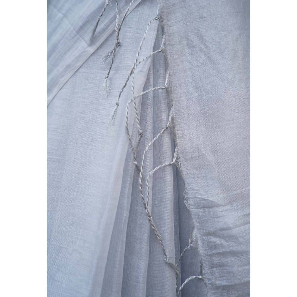Isadora Life Womens Solid Tassels White Pre-Draped Saree with Unstitched Blouse