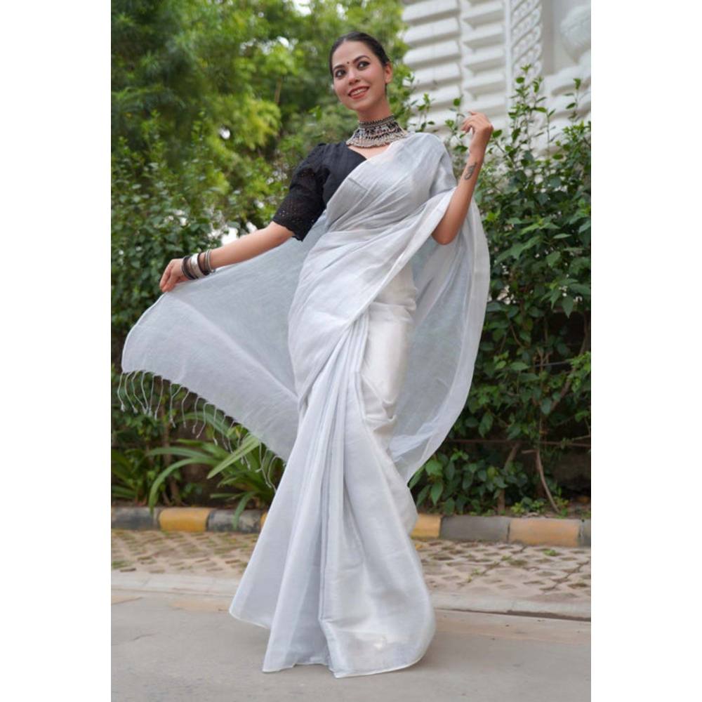 Isadora Life Womens Solid Tassels White Pre-Draped Saree with Unstitched Blouse