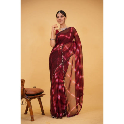 Isadora Life Womens Tie & Dye Sequined Maroon Pre-Draped Saree with Unstitched Blouse