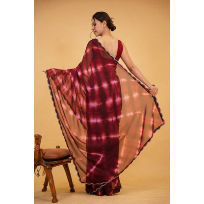 Isadora Life Womens Tie & Dye Sequined Maroon Pre-Draped Saree with Unstitched Blouse