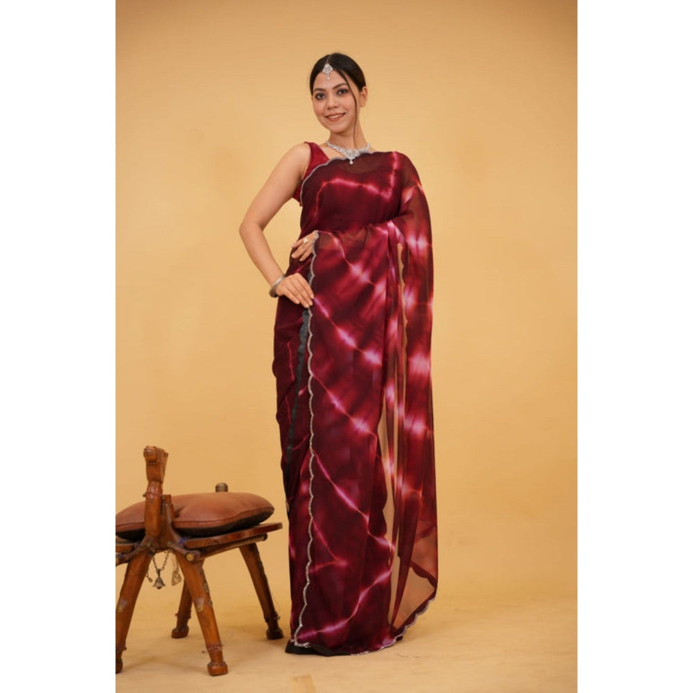 Isadora Life Womens Tie & Dye Sequined Maroon Pre-Draped Saree with Unstitched Blouse