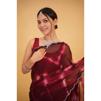 Isadora Life Womens Tie & Dye Sequined Maroon Pre-Draped Saree with Unstitched Blouse