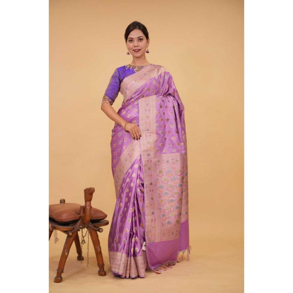 Isadora Life Womens Woven Zari Purple Pre-Draped Saree with Unstitched Blouse
