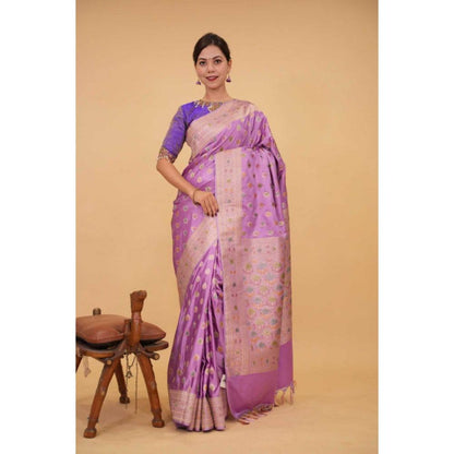 Isadora Life Womens Woven Zari Purple Pre-Draped Saree with Unstitched Blouse