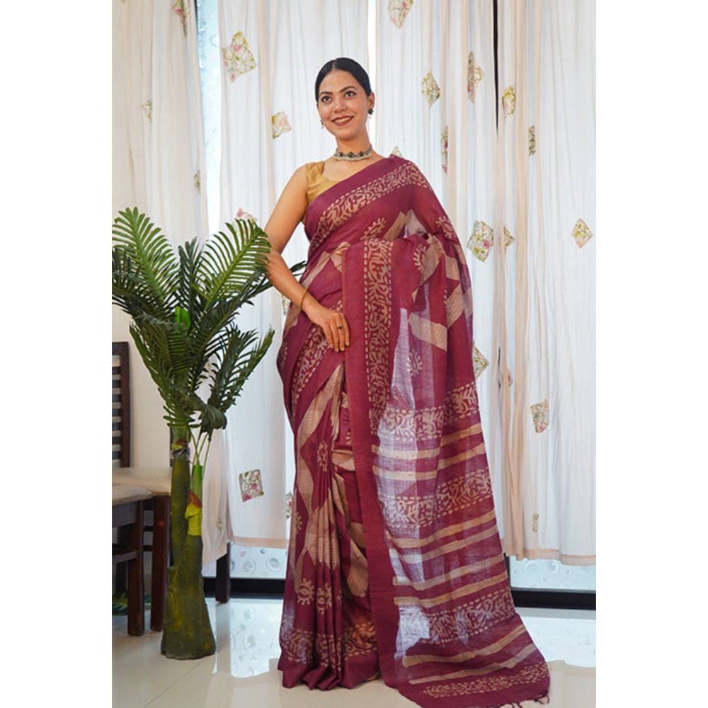 Isadora Life Womens Printed Tassels Maroon Pre-Draped Saree with Unstitched Blouse