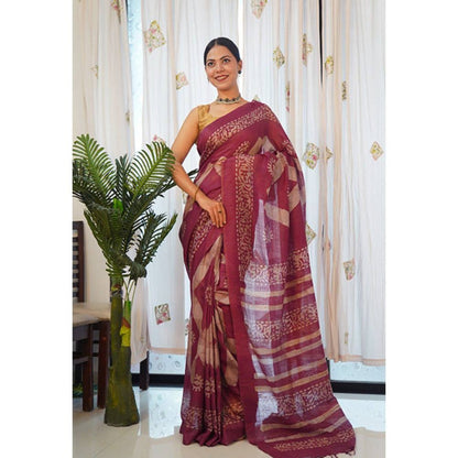 Isadora Life Womens Printed Tassels Maroon Pre-Draped Saree with Unstitched Blouse