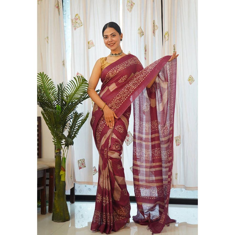Isadora Life Womens Printed Tassels Maroon Pre-Draped Saree with Unstitched Blouse