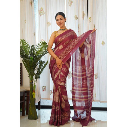 Isadora Life Womens Printed Tassels Maroon Pre-Draped Saree with Unstitched Blouse