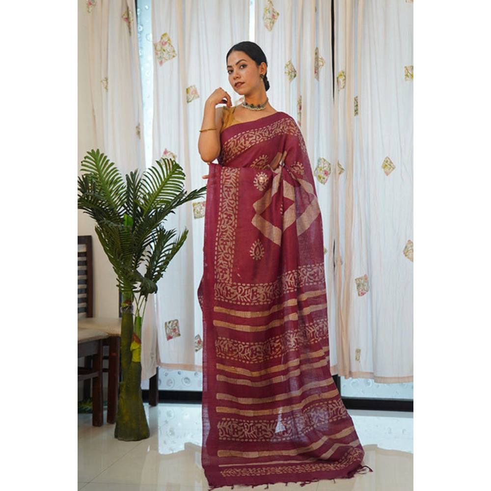 Isadora Life Womens Printed Tassels Maroon Pre-Draped Saree with Unstitched Blouse