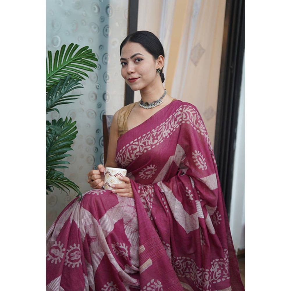 Isadora Life Womens Printed Tassels Maroon Pre-Draped Saree with Unstitched Blouse