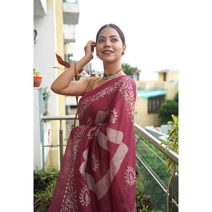 Isadora Life Womens Printed Tassels Maroon Pre-Draped Saree with Unstitched Blouse