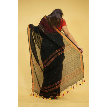 Isadora Life Womens Tassels Sequined Black Pre-Draped Saree with Unstitched Blouse