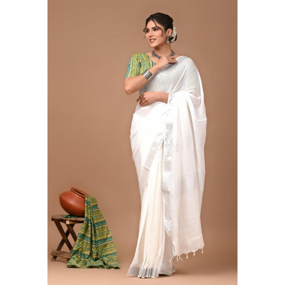 Isadora Life Womens Solid Tassels White Pre-Draped Saree with Unstitched Blouse