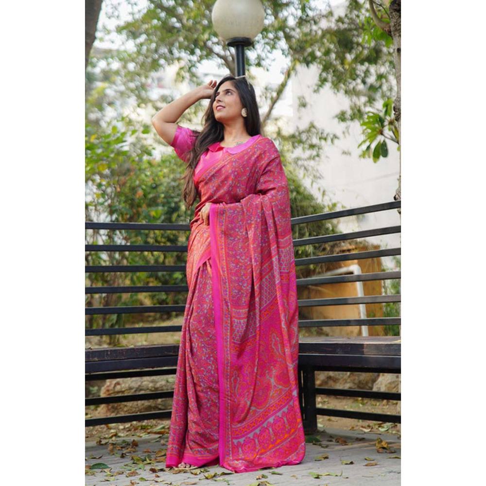 Isadora Life Womens Paisley Printed Pink Pre-Draped Saree with Unstitched Blouse