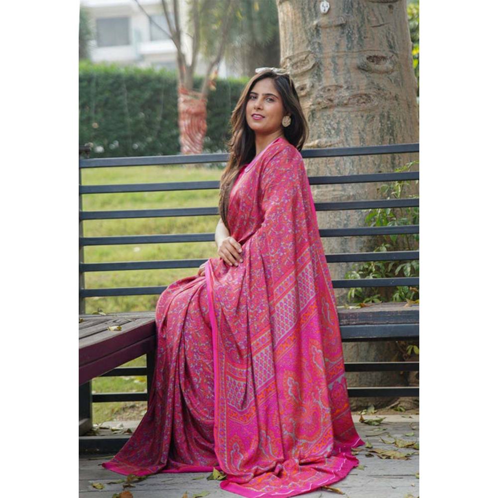 Isadora Life Womens Paisley Printed Pink Pre-Draped Saree with Unstitched Blouse