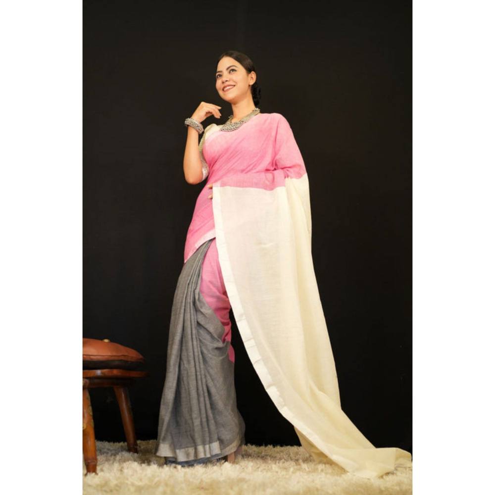 Isadora Life Womens Colorblock Tassels Multi-Color Pre-Draped Saree with Unstitched Blouse