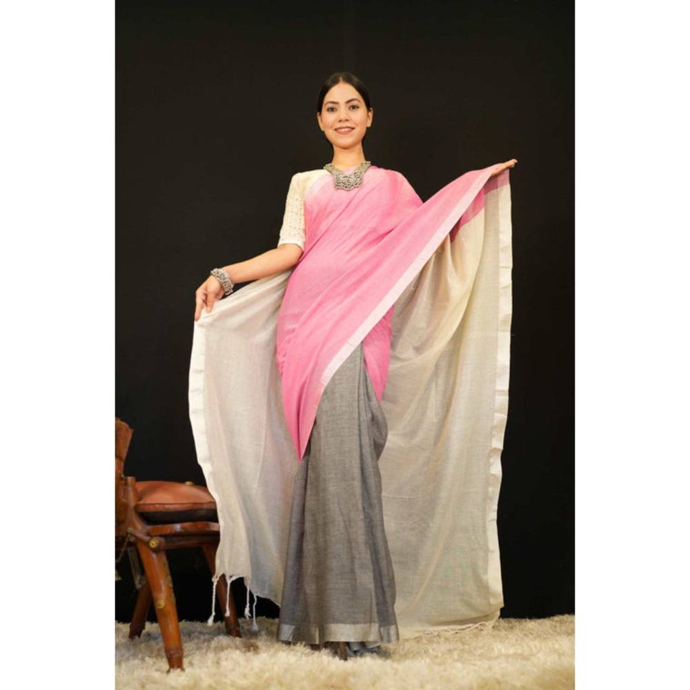 Isadora Life Womens Colorblock Tassels Multi-Color Pre-Draped Saree with Unstitched Blouse