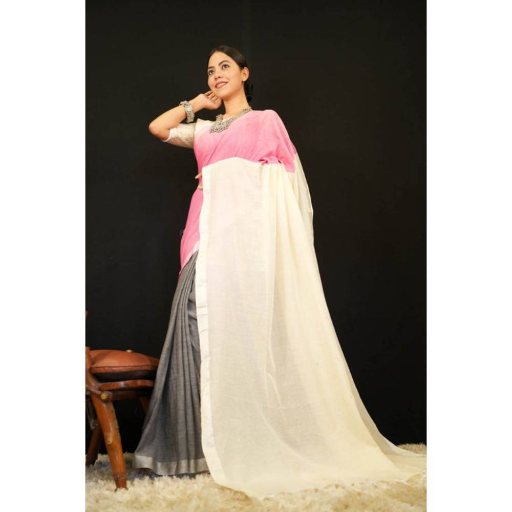 Isadora Life Womens Colorblock Tassels Multi-Color Pre-Draped Saree with Unstitched Blouse