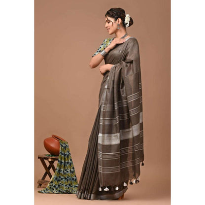 Isadora Life Womens Woven Tassels Brown Pre-Draped Saree with Unstitched Blouse