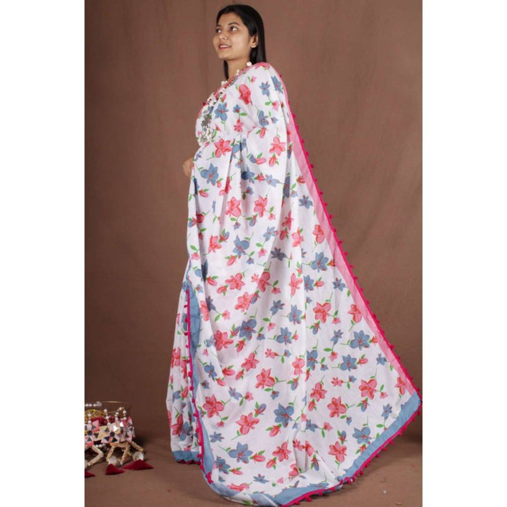 Isadora Life Womens Floral Printed White Pre-Draped Saree with Unstitched Blouse