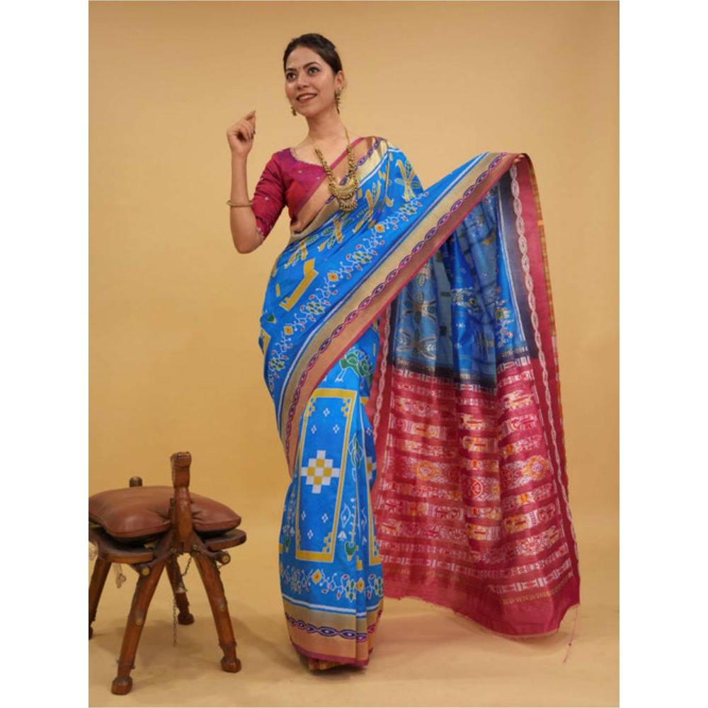 Isadora Life Womens Printed Blue Pre-Draped Saree with Unstitched Blouse