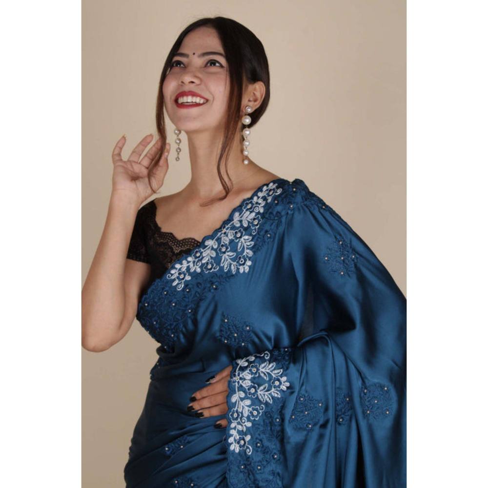 Isadora Life Womens Sequined Embroidered Blue Pre-Draped Saree with Unstitched Blouse