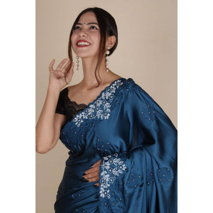 Isadora Life Womens Sequined Embroidered Blue Pre-Draped Saree with Unstitched Blouse