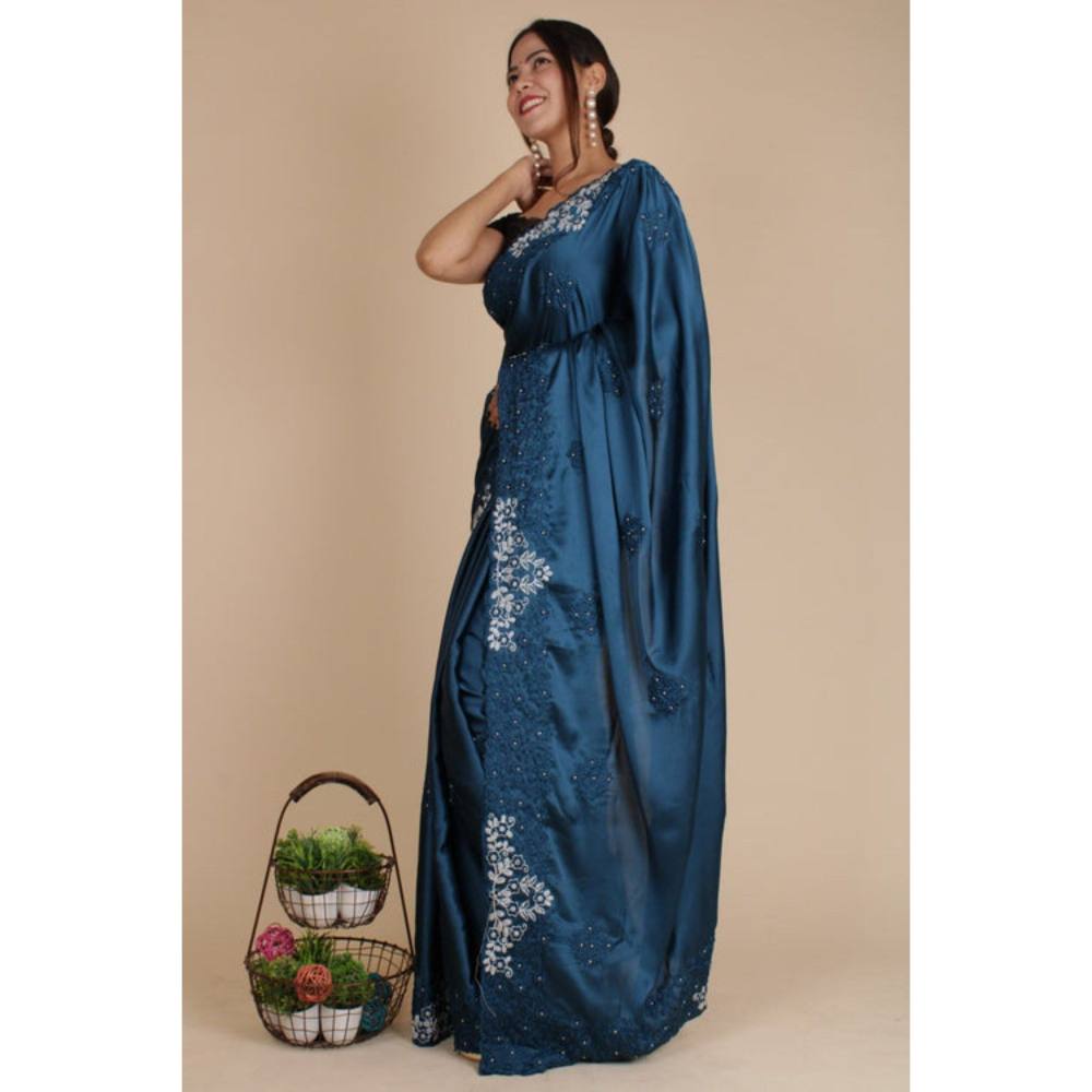 Isadora Life Womens Sequined Embroidered Blue Pre-Draped Saree with Unstitched Blouse