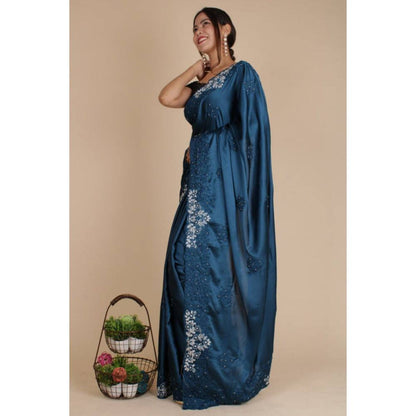 Isadora Life Womens Sequined Embroidered Blue Pre-Draped Saree with Unstitched Blouse