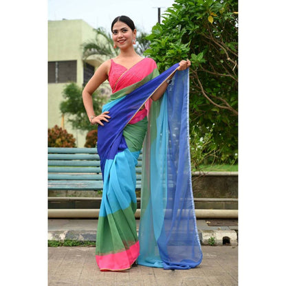 Isadora Life Womens Colorblock Printed Multi-Color Pre-Draped Saree with Unstitched Blouse