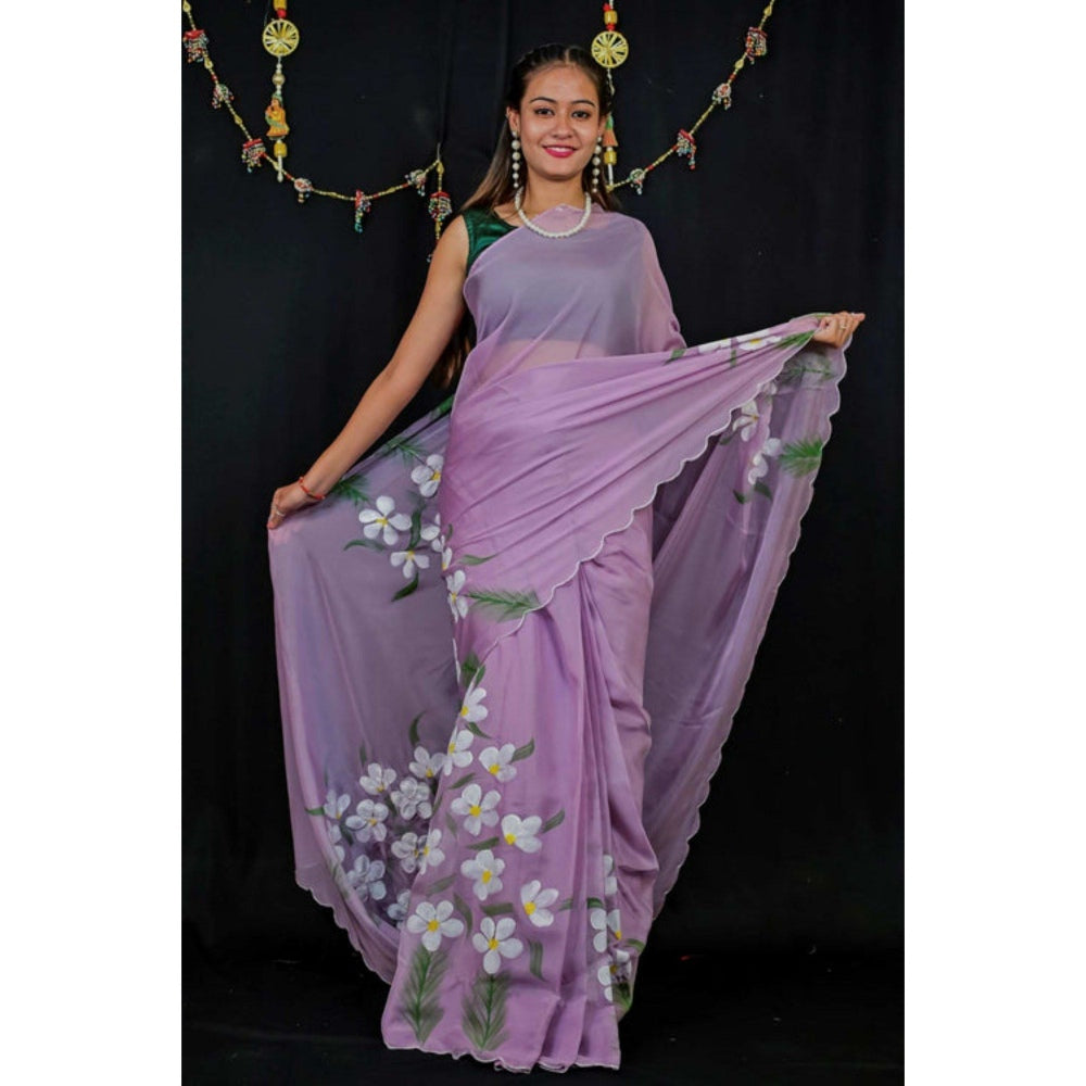 Isadora Life Womens Floral Printed Lavender Pre-Draped Saree with Unstitched Blouse