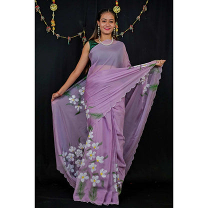 Isadora Life Womens Floral Printed Lavender Pre-Draped Saree with Unstitched Blouse
