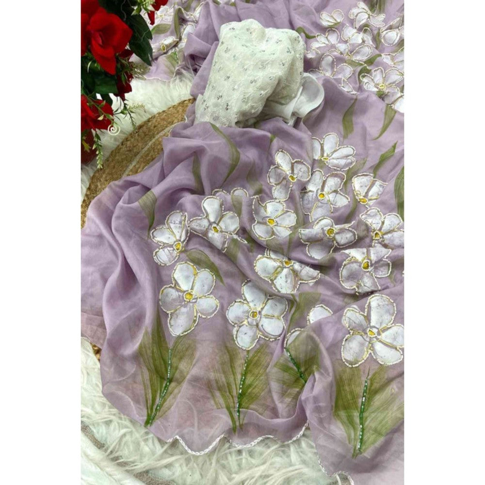 Isadora Life Womens Floral Printed Lavender Pre-Draped Saree with Unstitched Blouse