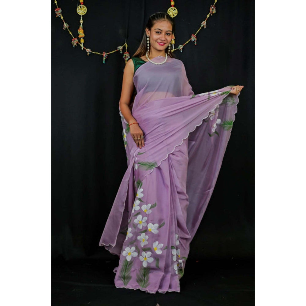 Isadora Life Womens Floral Printed Lavender Pre-Draped Saree with Unstitched Blouse