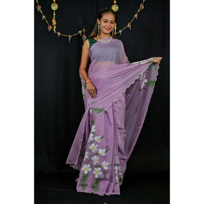 Isadora Life Womens Floral Printed Lavender Pre-Draped Saree with Unstitched Blouse