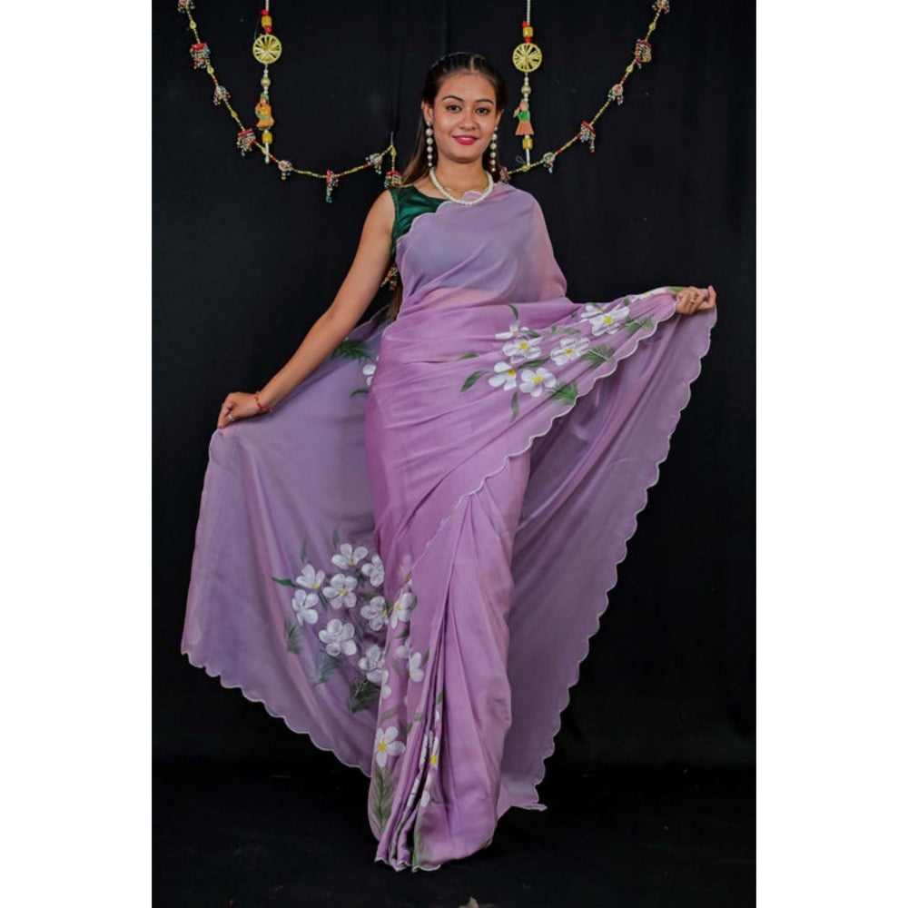 Isadora Life Womens Floral Printed Lavender Pre-Draped Saree with Unstitched Blouse