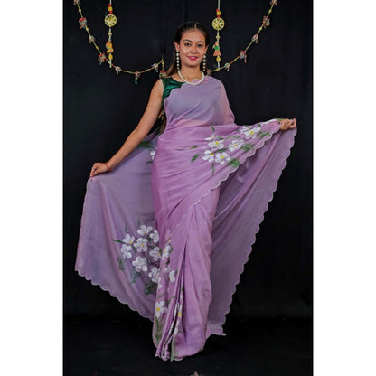 Isadora Life Womens Floral Printed Lavender Pre-Draped Saree with Unstitched Blouse