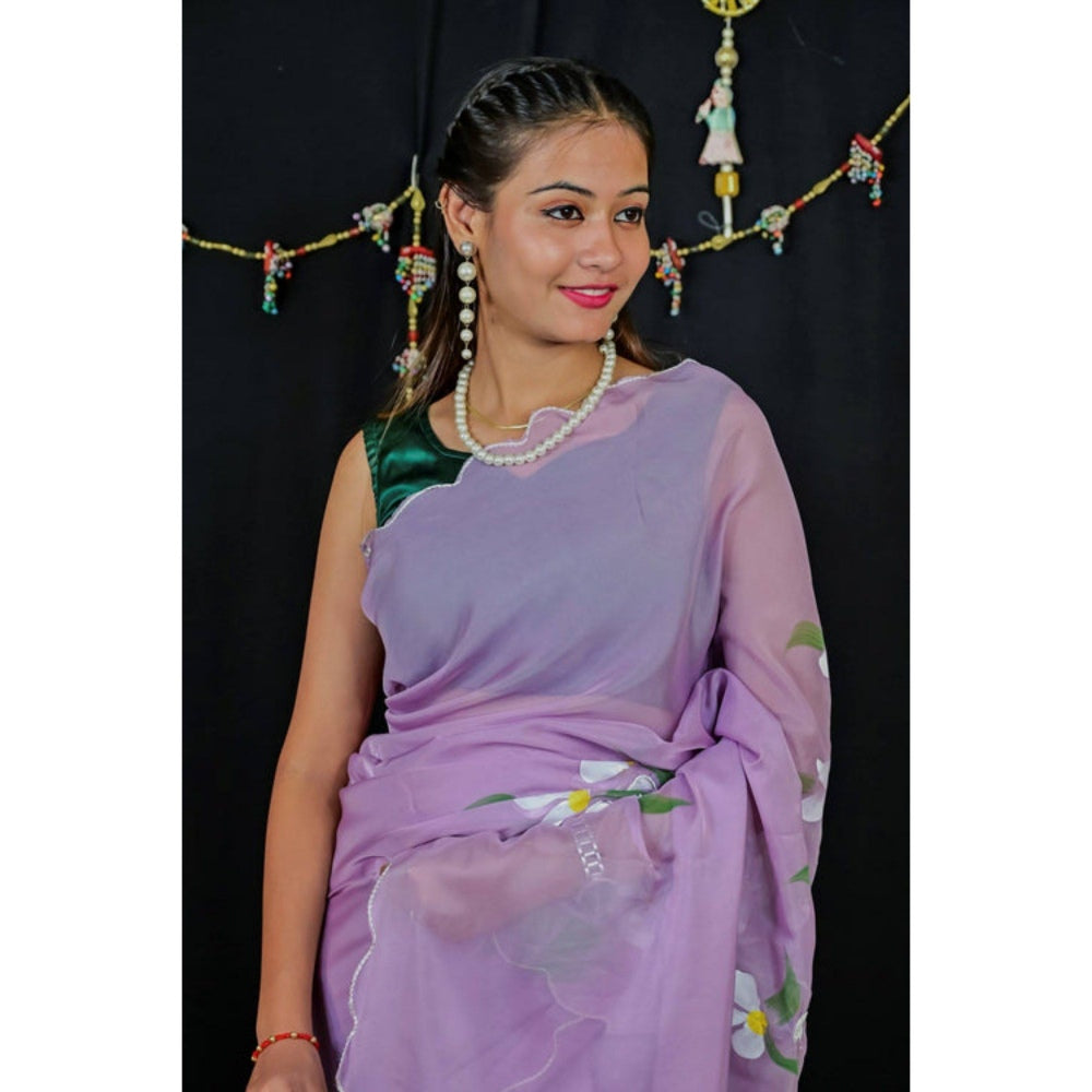 Isadora Life Womens Floral Printed Lavender Pre-Draped Saree with Unstitched Blouse