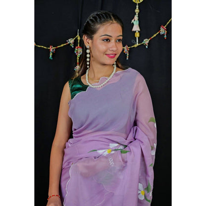Isadora Life Womens Floral Printed Lavender Pre-Draped Saree with Unstitched Blouse