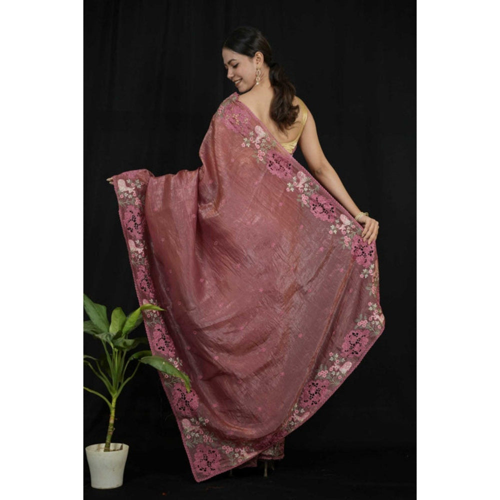 Isadora Life Womens Floral Embroidered Brown Pre-Draped Saree with Unstitched Blouse