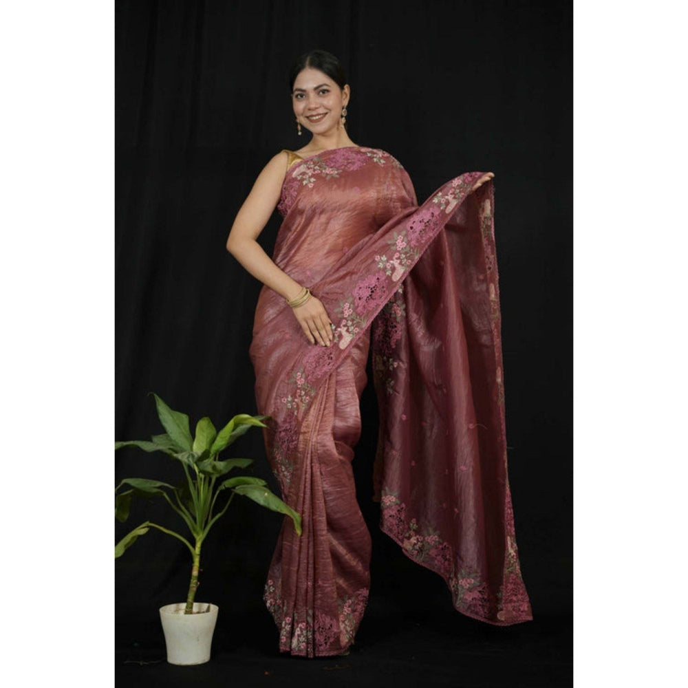Isadora Life Womens Floral Embroidered Brown Pre-Draped Saree with Unstitched Blouse