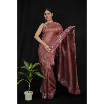 Isadora Life Womens Floral Embroidered Brown Pre-Draped Saree with Unstitched Blouse