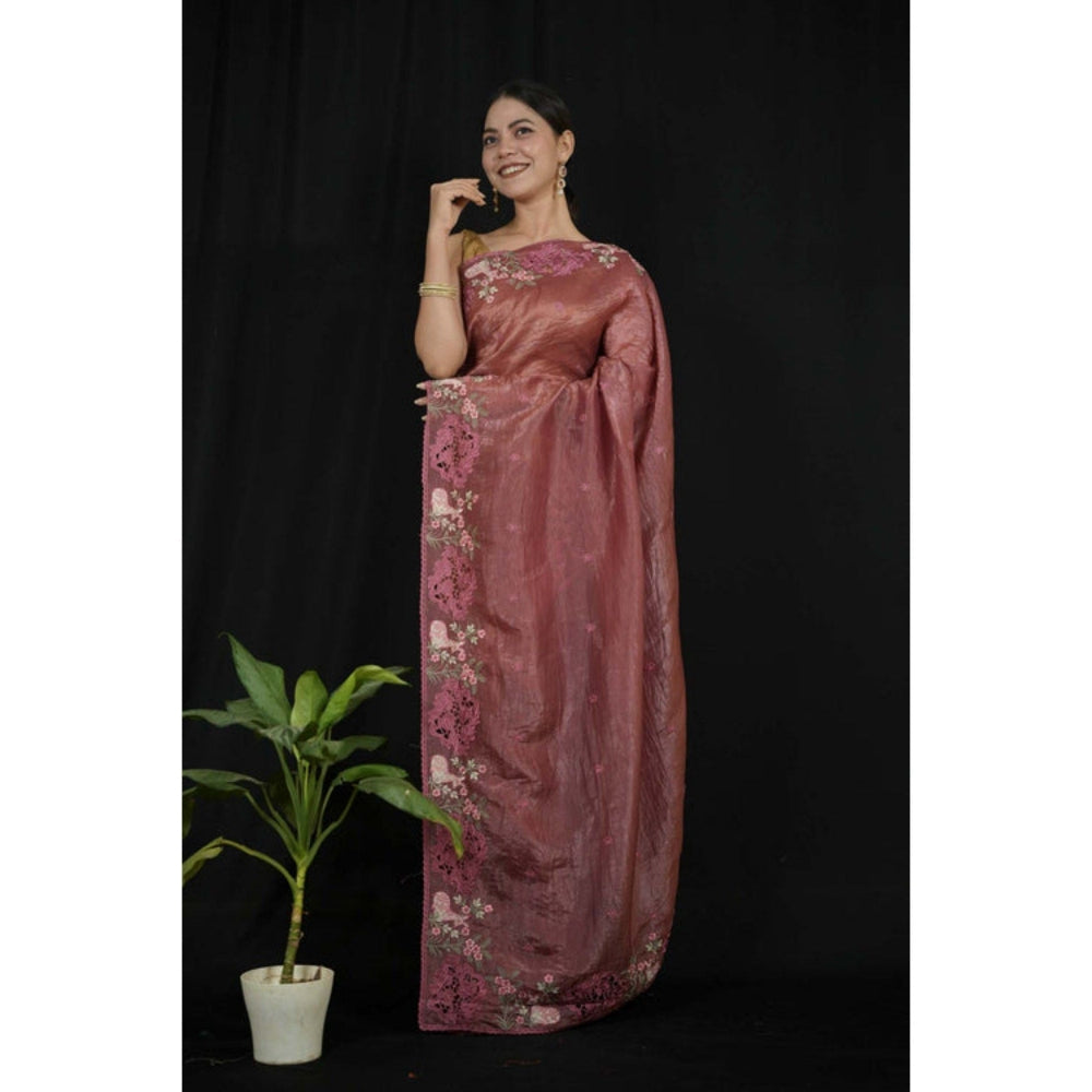 Isadora Life Womens Floral Embroidered Brown Pre-Draped Saree with Unstitched Blouse
