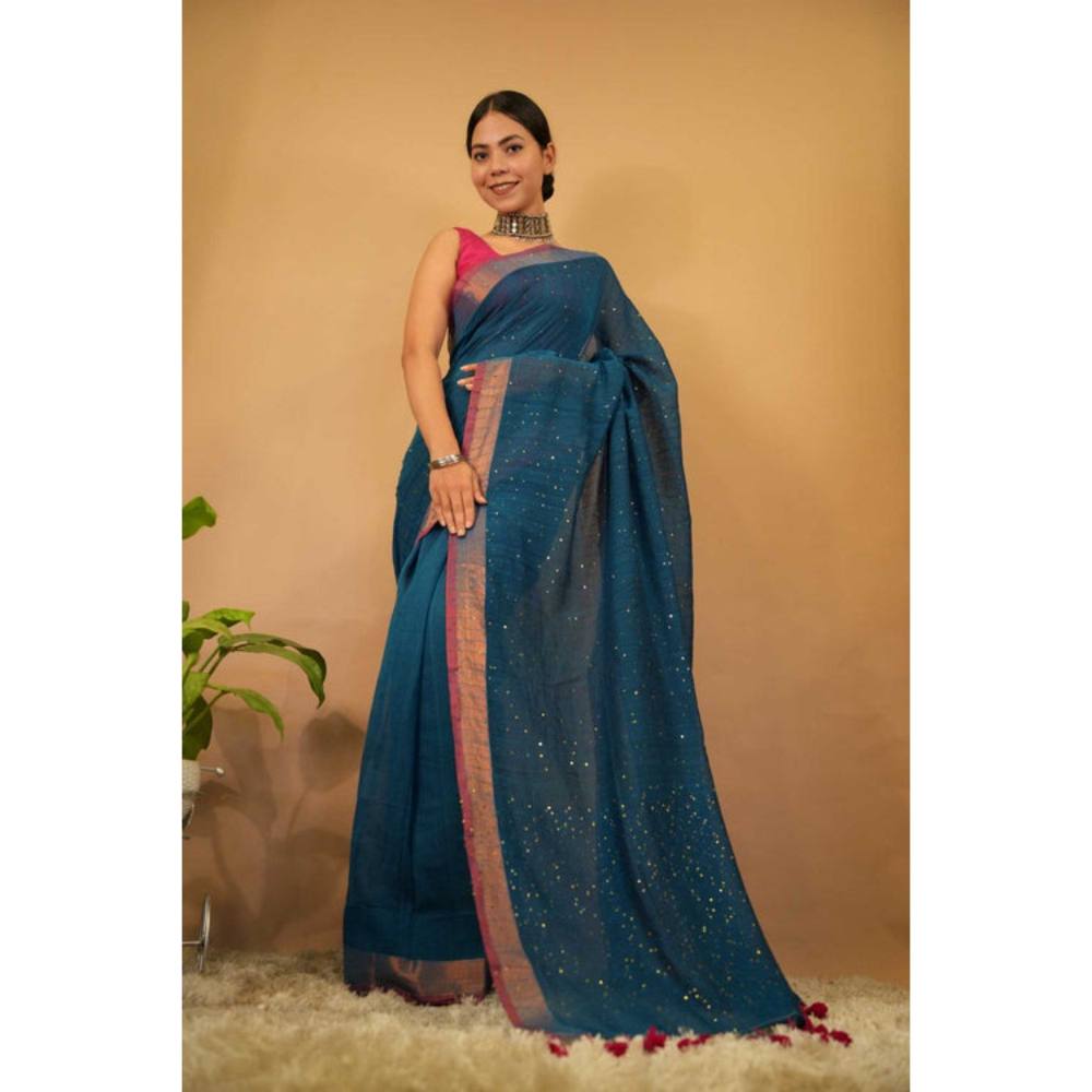 Isadora Life Womens Tassels Sequined Blue Pre-Draped Saree with Unstitched Blouse