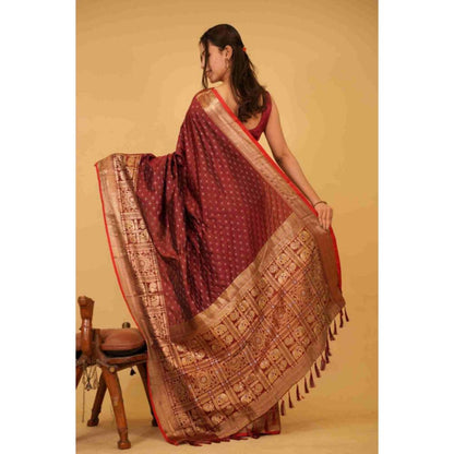 Isadora Life Womens Woven Zari Red Pre-Draped Saree with Unstitched Blouse
