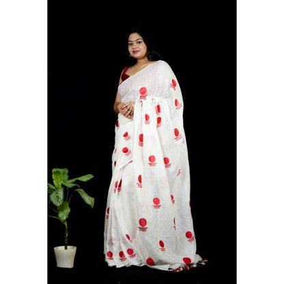 Isadora Life Womens Printed Tassels White Pre-Draped Saree with Unstitched Blouse