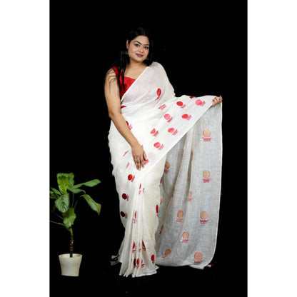 Isadora Life Womens Printed Tassels White Pre-Draped Saree with Unstitched Blouse