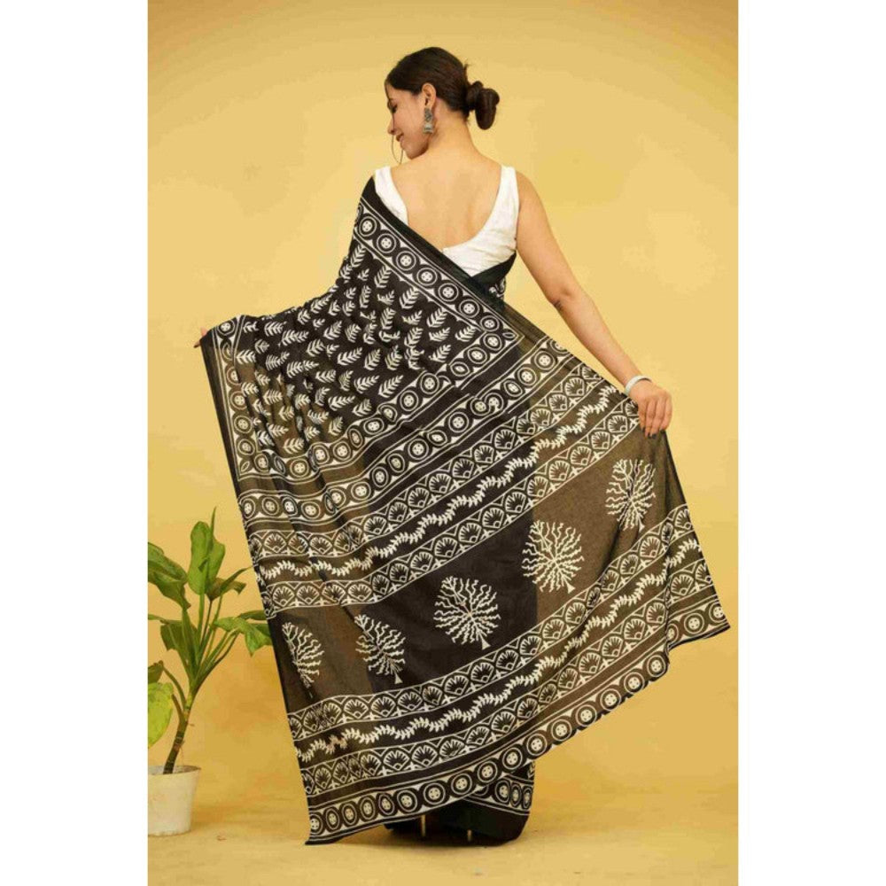 Isadora Life Womens Printed Black Pre-Draped Saree with Unstitched Blouse